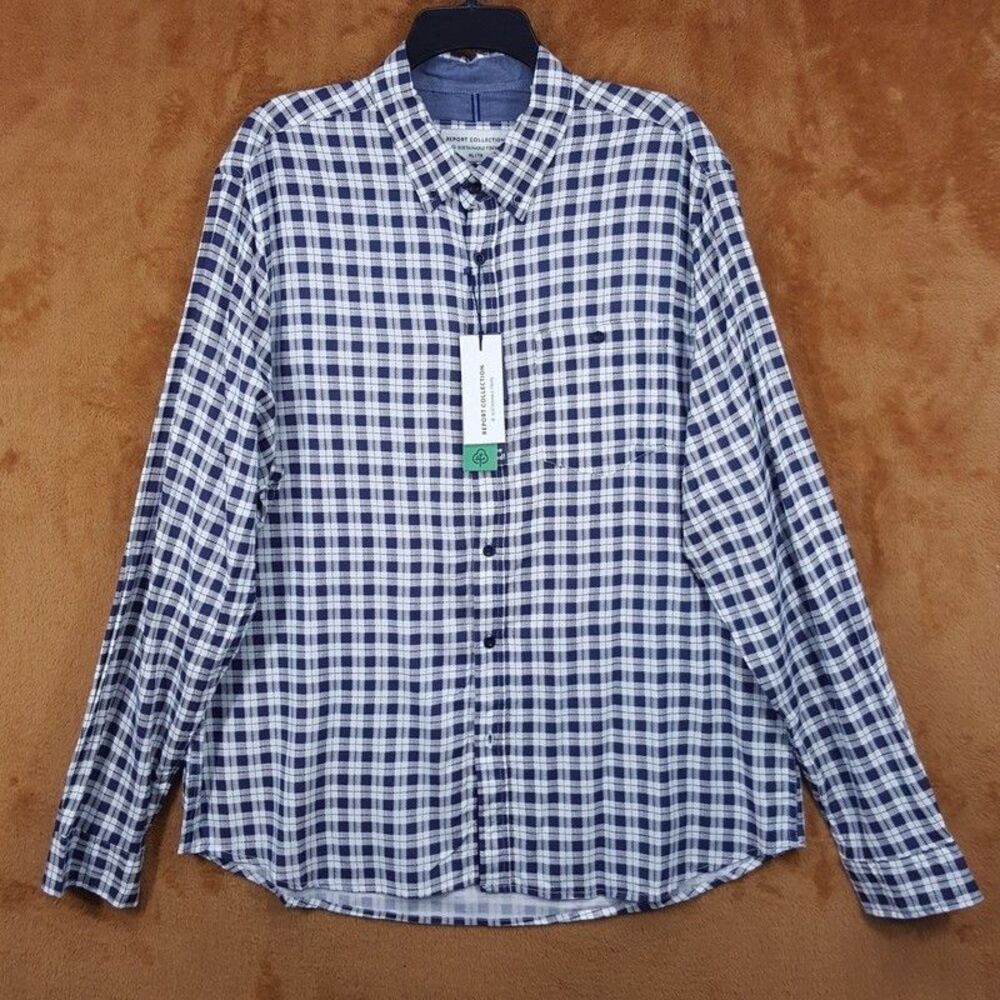 REPORT COLLECTION Shirt Mens XL Navy Check Button Down Modal Stretch Sustainable